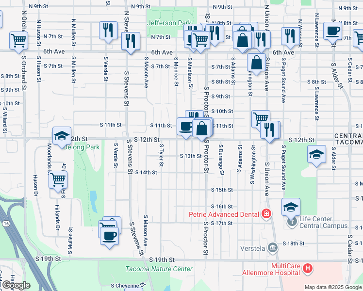 map of restaurants, bars, coffee shops, grocery stores, and more near 1201 South Monroe Street in Tacoma