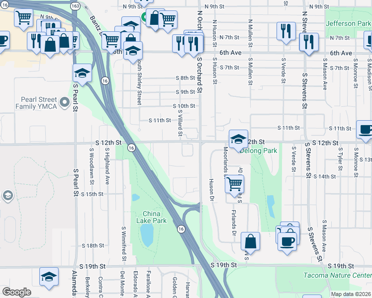 map of restaurants, bars, coffee shops, grocery stores, and more near 5202 South 12th Street in Tacoma