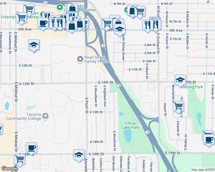 map of restaurants, bars, coffee shops, grocery stores, and more near 1201 A To 1201 B S Highland Avenue in Tacoma