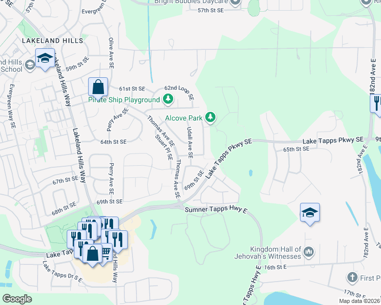 map of restaurants, bars, coffee shops, grocery stores, and more near 6702 Udall Avenue Southeast in Auburn
