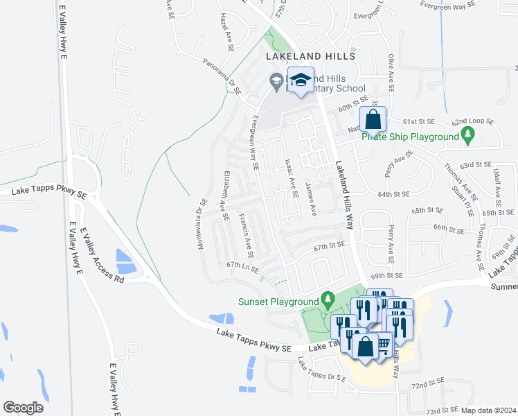 map of restaurants, bars, coffee shops, grocery stores, and more near 6476 Francis Loop Southeast in Auburn