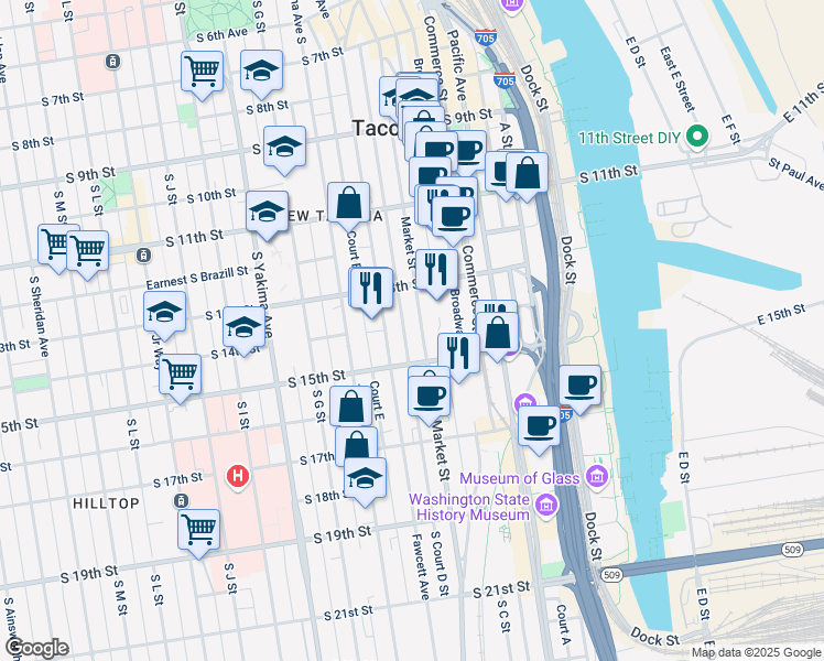 map of restaurants, bars, coffee shops, grocery stores, and more near None in Tacoma