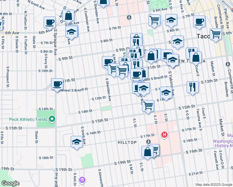 map of restaurants, bars, coffee shops, grocery stores, and more near 1217 South M Street in Tacoma