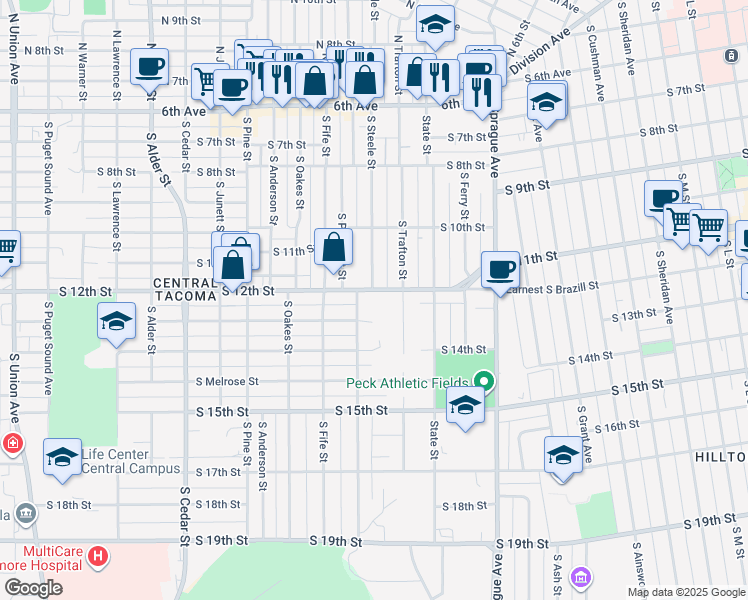map of restaurants, bars, coffee shops, grocery stores, and more near 2316 South 12th Street in Tacoma