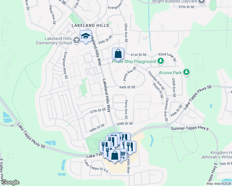 map of restaurants, bars, coffee shops, grocery stores, and more near 1503 65th Street Southeast in Auburn