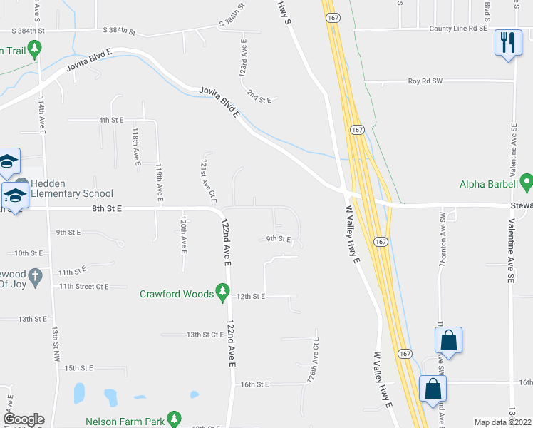 map of restaurants, bars, coffee shops, grocery stores, and more near 802 124th Avenue East in Edgewood