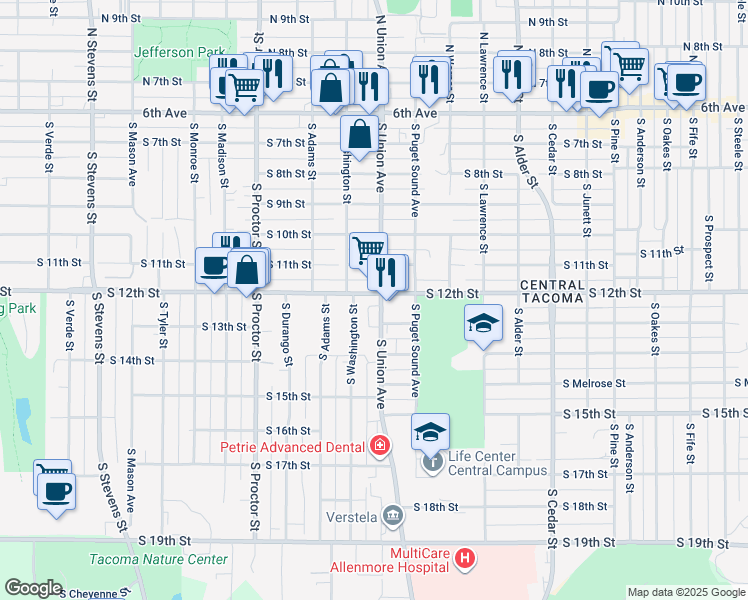 map of restaurants, bars, coffee shops, grocery stores, and more near 1201 South 13th Street in Tacoma