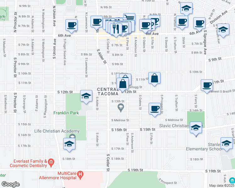 map of restaurants, bars, coffee shops, grocery stores, and more near 3002 South 12th Street in Tacoma