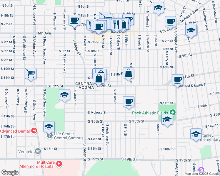 map of restaurants, bars, coffee shops, grocery stores, and more near 2702 South 12th Street in Tacoma