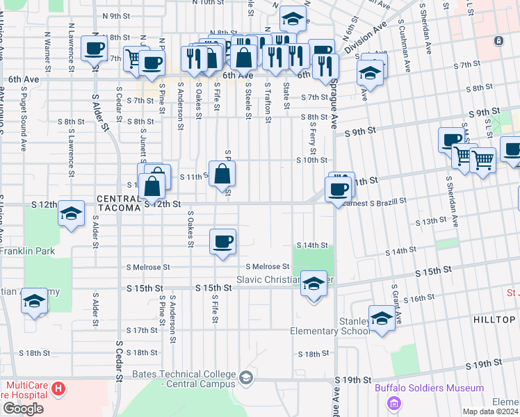 map of restaurants, bars, coffee shops, grocery stores, and more near 2316 South 12th Street in Tacoma