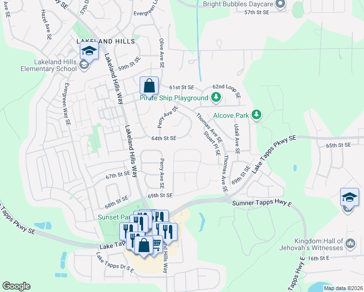 map of restaurants, bars, coffee shops, grocery stores, and more near 1813 65th Street Southeast in Auburn