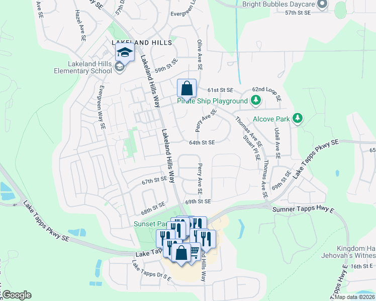 map of restaurants, bars, coffee shops, grocery stores, and more near 1524 64th Street Southeast in Auburn
