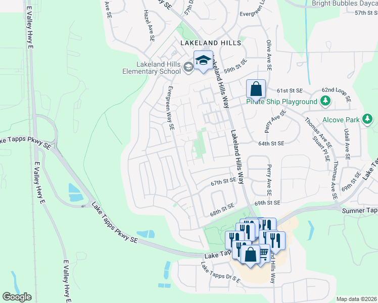 map of restaurants, bars, coffee shops, grocery stores, and more near 6409 Hazel Lane Southeast in Auburn
