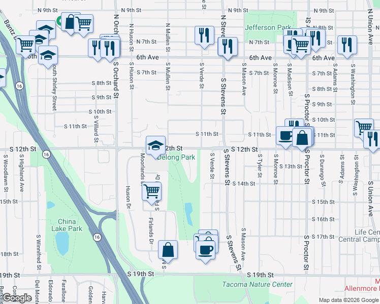 map of restaurants, bars, coffee shops, grocery stores, and more near 4609 South 12th Street Court in Tacoma