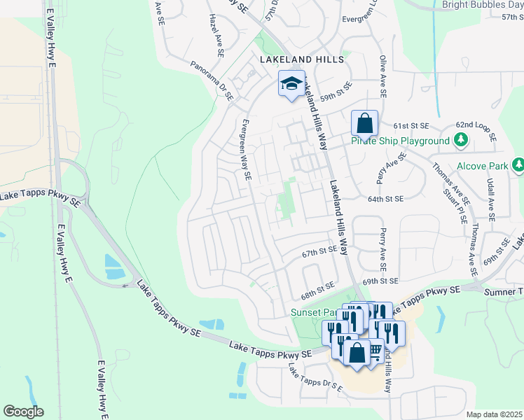 map of restaurants, bars, coffee shops, grocery stores, and more near 6401 Hazel Avenue Southeast in Auburn