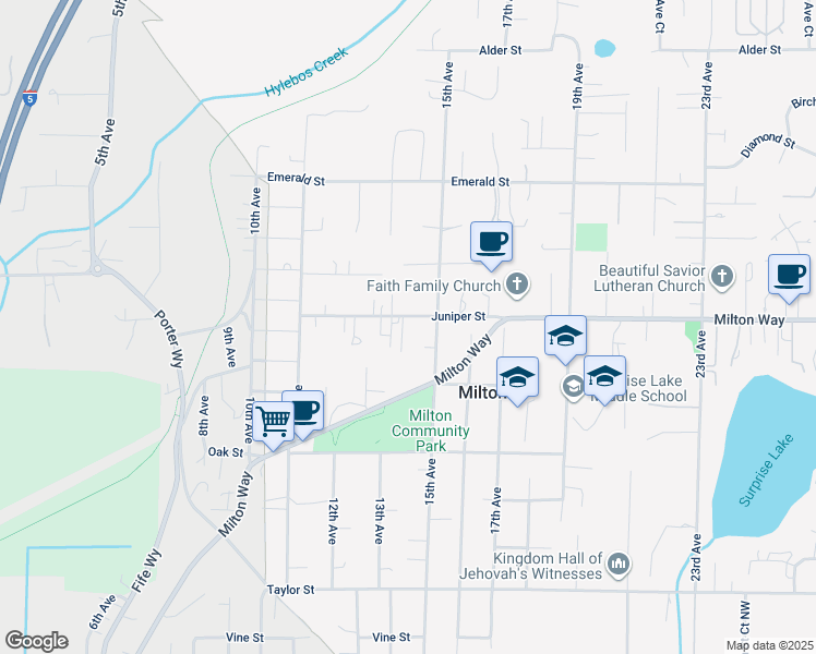 map of restaurants, bars, coffee shops, grocery stores, and more near 1401 Juniper Street in Milton