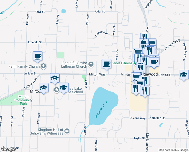 map of restaurants, bars, coffee shops, grocery stores, and more near 2313 Milton Way in Milton