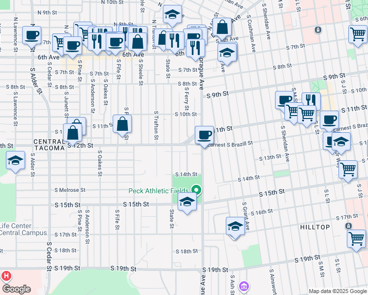 map of restaurants, bars, coffee shops, grocery stores, and more near 2102 S 12th St in Tacoma