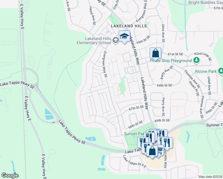 map of restaurants, bars, coffee shops, grocery stores, and more near 6401 Hazel Avenue Southeast in Auburn
