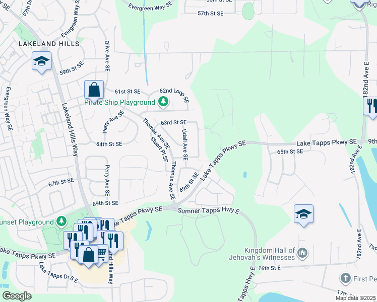 map of restaurants, bars, coffee shops, grocery stores, and more near 6414 Udall Avenue Southeast in Auburn