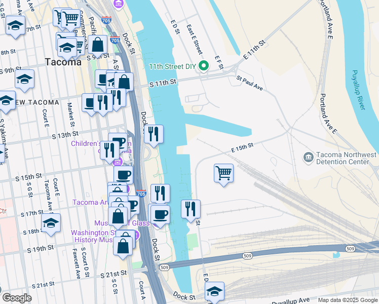 map of restaurants, bars, coffee shops, grocery stores, and more near 1510 East D Street in Tacoma