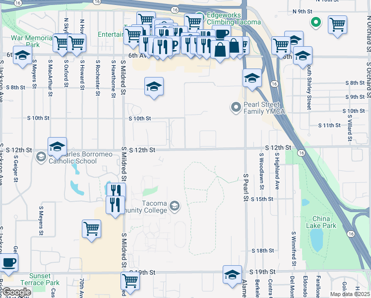 map of restaurants, bars, coffee shops, grocery stores, and more near 6199 South 12th Street in Tacoma