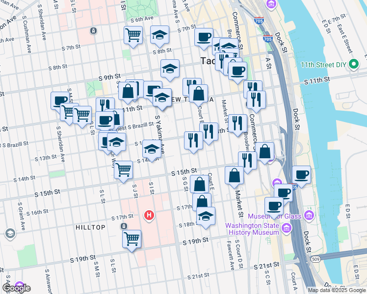 map of restaurants, bars, coffee shops, grocery stores, and more near 1315 South G Street in Tacoma