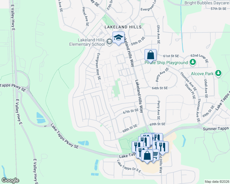 map of restaurants, bars, coffee shops, grocery stores, and more near 6405 Isaac Avenue Southeast in Auburn