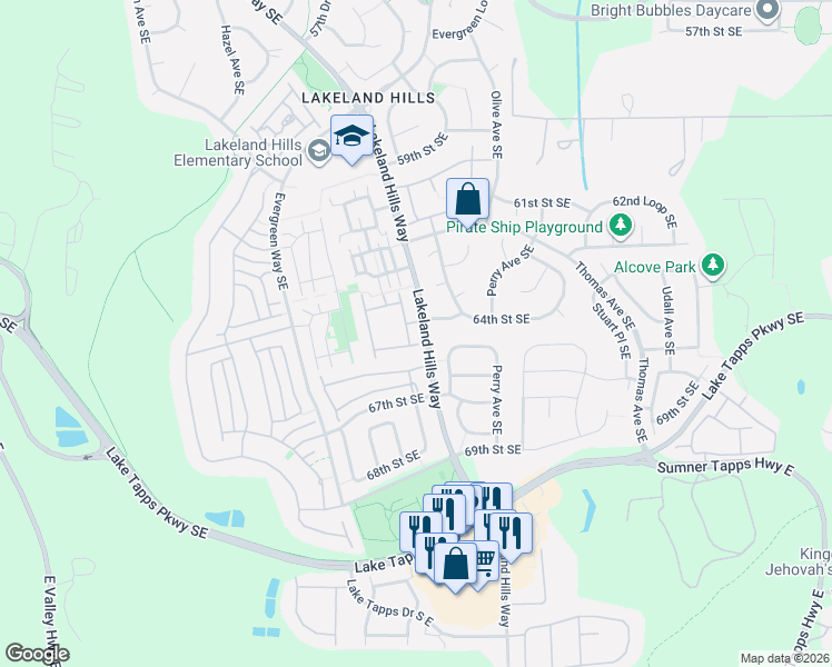 map of restaurants, bars, coffee shops, grocery stores, and more near 6547 Lindsay Avenue Southeast in Auburn