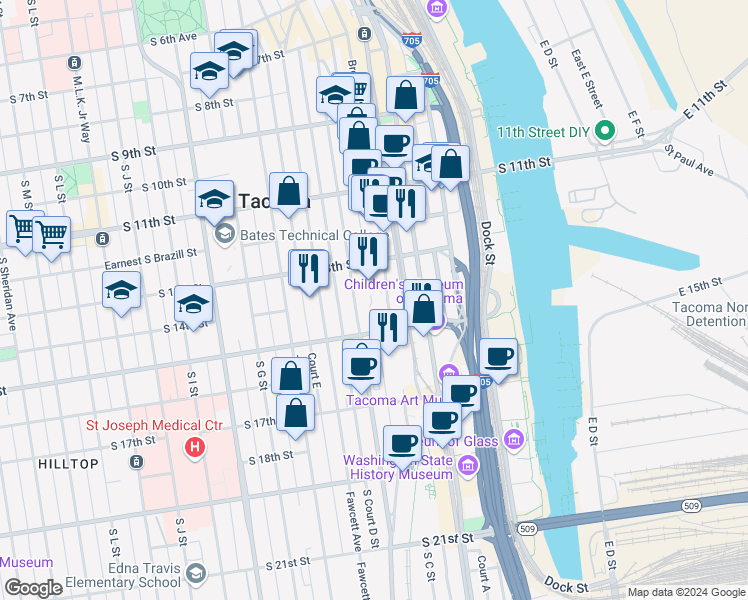map of restaurants, bars, coffee shops, grocery stores, and more near in Tacoma