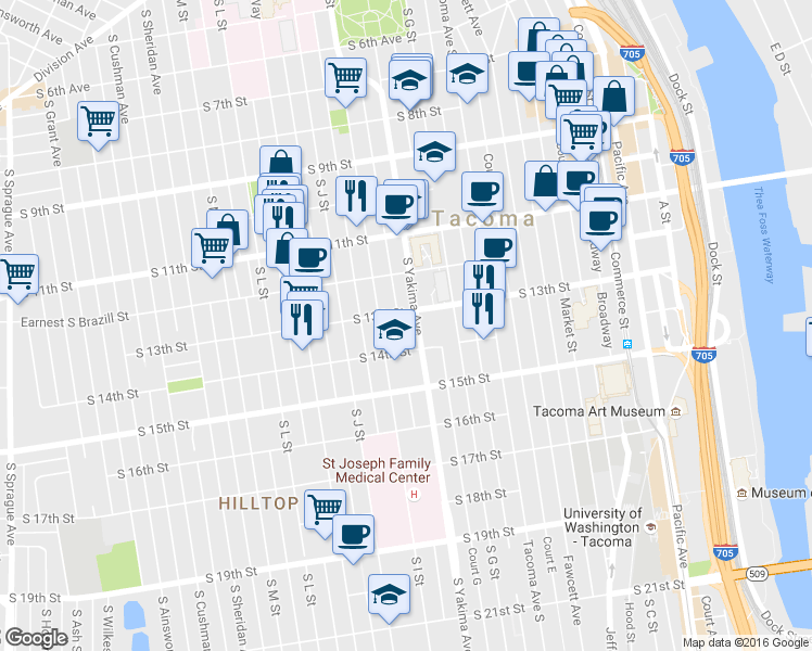 map of restaurants, bars, coffee shops, grocery stores, and more near 1305 South I Street in Tacoma