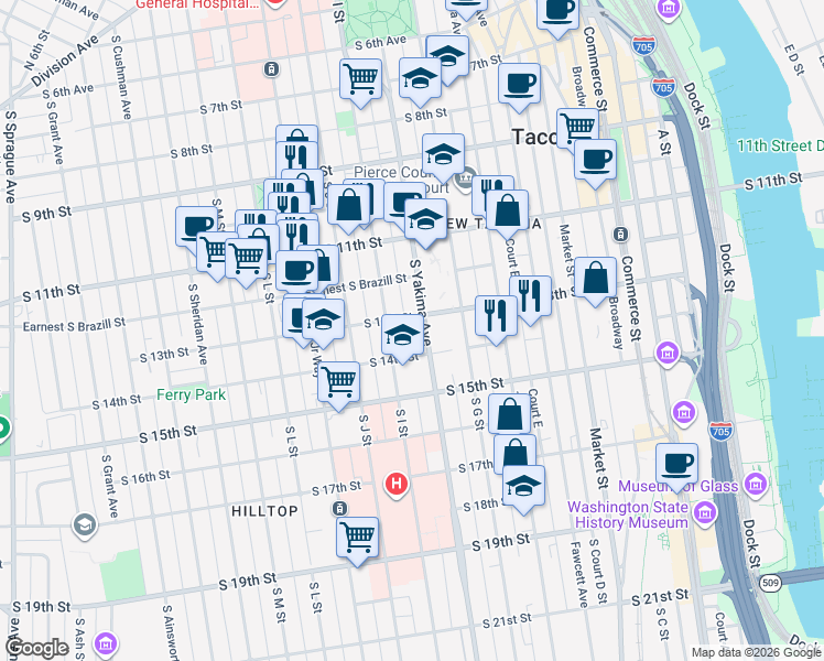 map of restaurants, bars, coffee shops, grocery stores, and more near 1305 South I Street in Tacoma