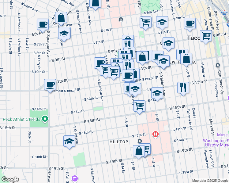 map of restaurants, bars, coffee shops, grocery stores, and more near 1217 S M St in Tacoma