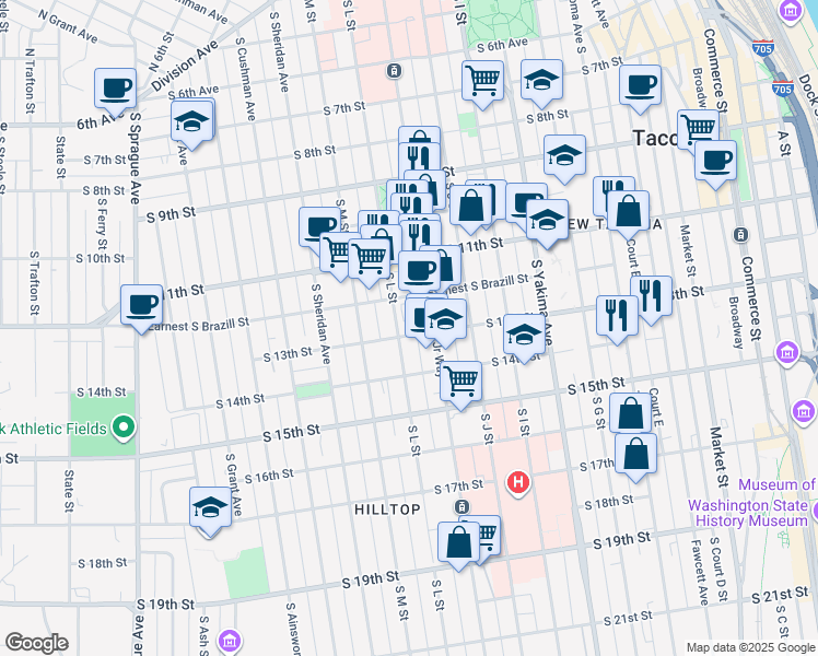map of restaurants, bars, coffee shops, grocery stores, and more near 1219 South L Street in Tacoma
