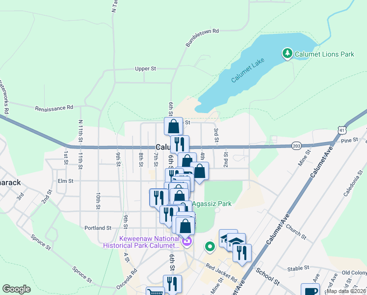 map of restaurants, bars, coffee shops, grocery stores, and more near Pine Street in Calumet Township