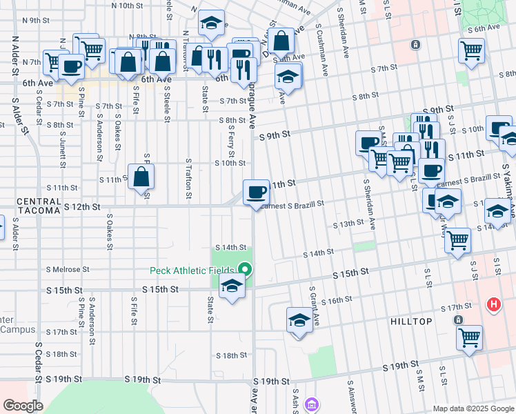 map of restaurants, bars, coffee shops, grocery stores, and more near 1244 South Sprague Avenue in Tacoma