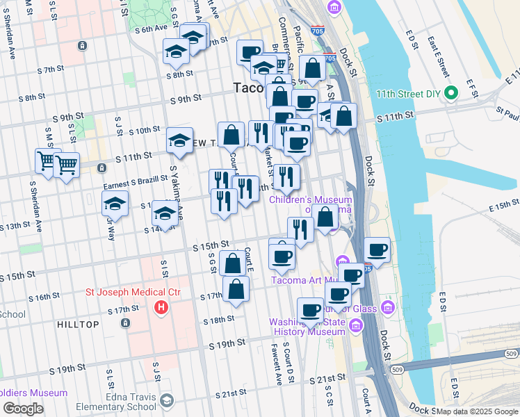 map of restaurants, bars, coffee shops, grocery stores, and more near 1319 Fawcett Avenue in Tacoma