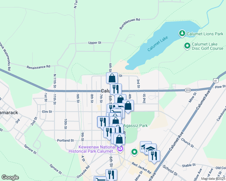 map of restaurants, bars, coffee shops, grocery stores, and more near in Calumet