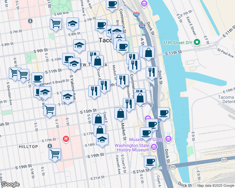 map of restaurants, bars, coffee shops, grocery stores, and more near in Tacoma
