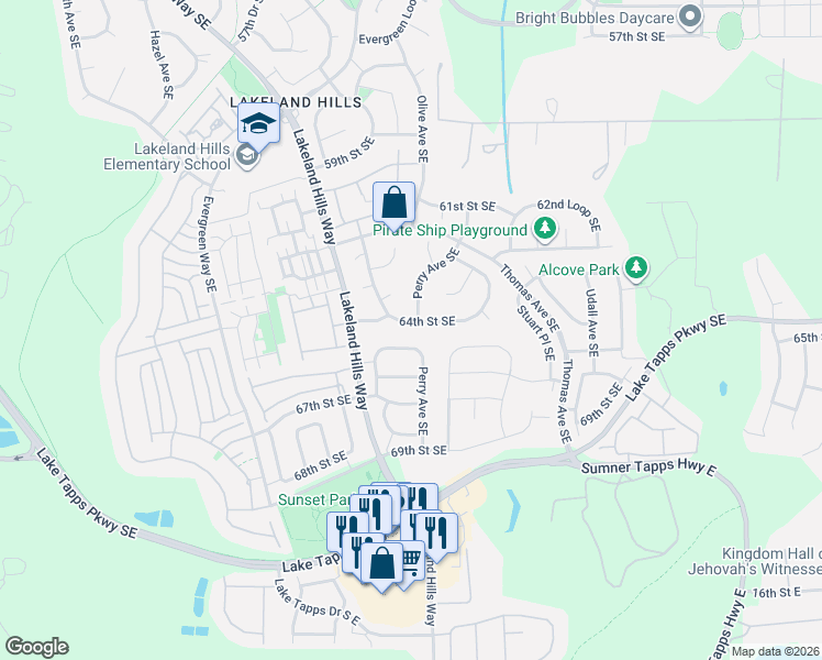 map of restaurants, bars, coffee shops, grocery stores, and more near 1524 64th Street Southeast in Auburn