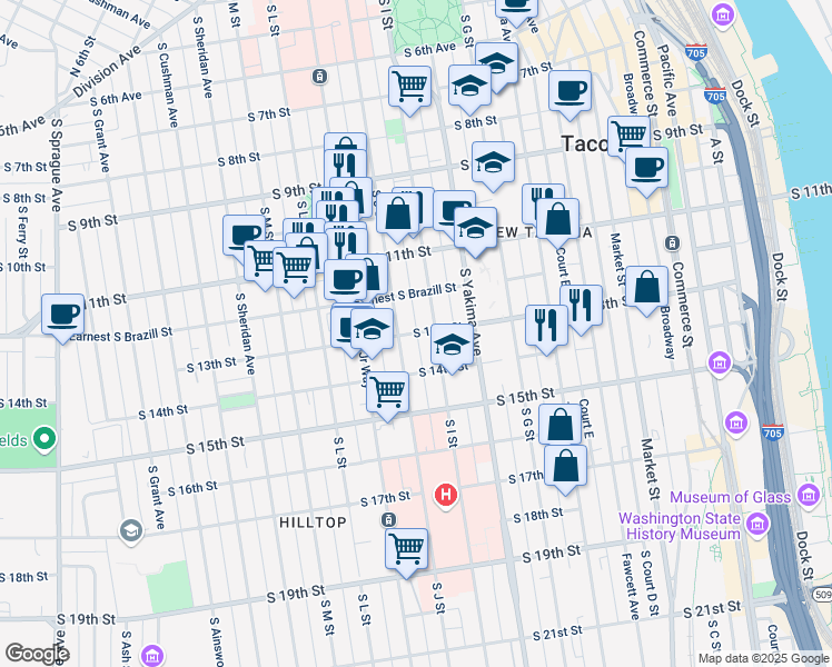 map of restaurants, bars, coffee shops, grocery stores, and more near in Tacoma