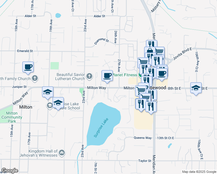 map of restaurants, bars, coffee shops, grocery stores, and more near 805 26th Avenue Court in Milton