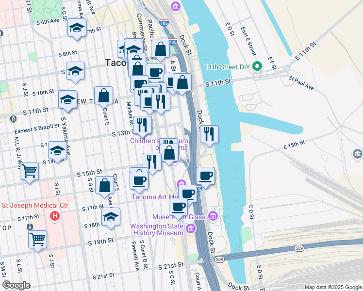 map of restaurants, bars, coffee shops, grocery stores, and more near 102-112 South 14th Street in Tacoma