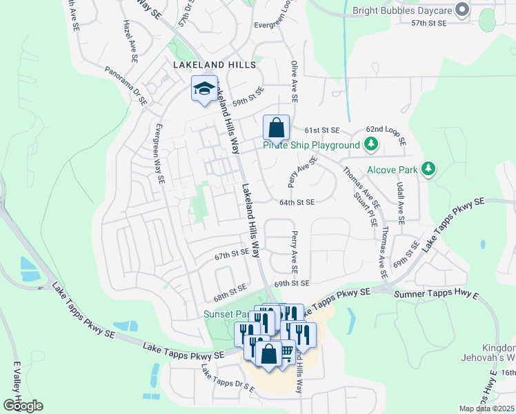 map of restaurants, bars, coffee shops, grocery stores, and more near 1412 64th Street Southeast in Auburn