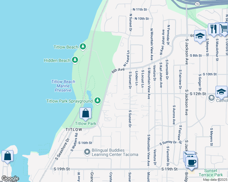 map of restaurants, bars, coffee shops, grocery stores, and more near 956 S Magnolia Ln in Tacoma