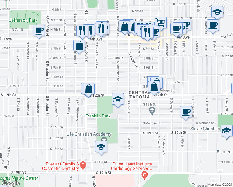 map of restaurants, bars, coffee shops, grocery stores, and more near 1116 South Lawrence Street in Tacoma