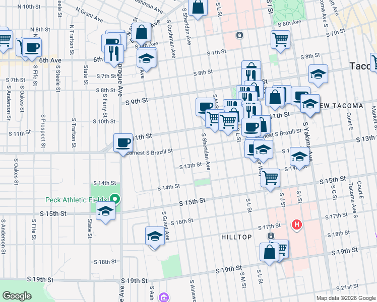 map of restaurants, bars, coffee shops, grocery stores, and more near 1209 South Cushman Avenue in Tacoma