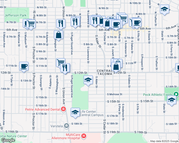 map of restaurants, bars, coffee shops, grocery stores, and more near 1116 South Lawrence Street in Tacoma