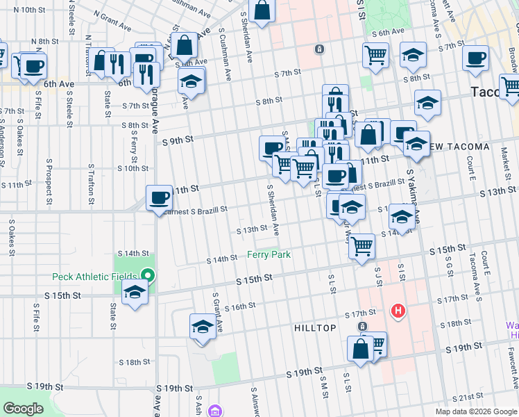 map of restaurants, bars, coffee shops, grocery stores, and more near 1209 South Cushman Avenue in Tacoma