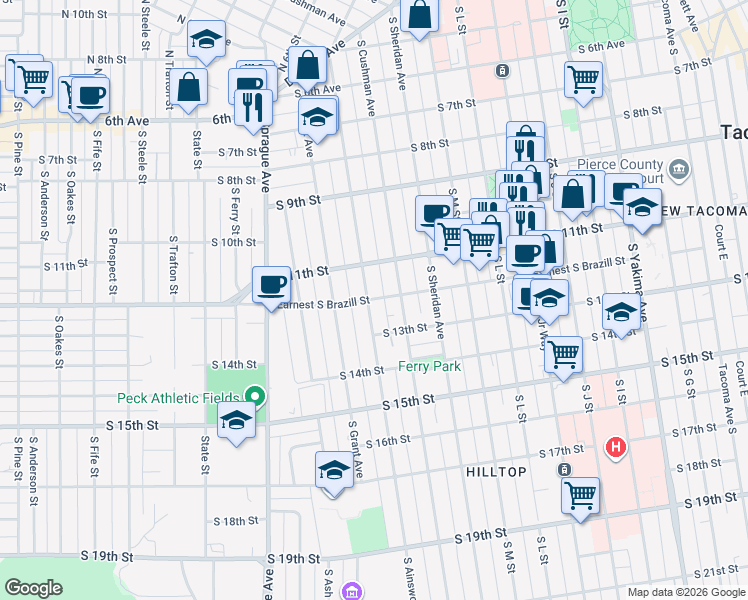 map of restaurants, bars, coffee shops, grocery stores, and more near 1524 South 12th Street in Tacoma